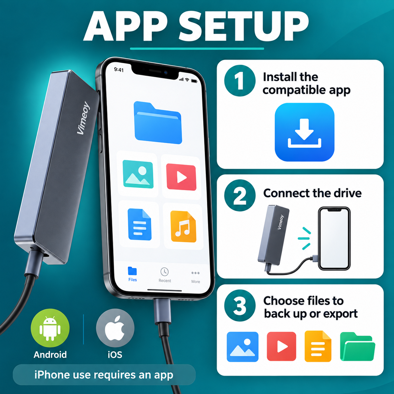 Vimeoy app setup steps for iPhone and Android