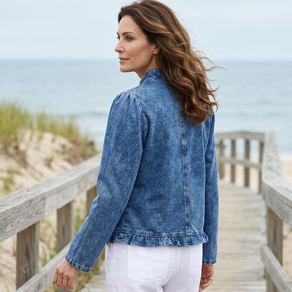 Women's Denim Jacket – Open-Front, Ruffle Trim, Lightweight, Classic Wash