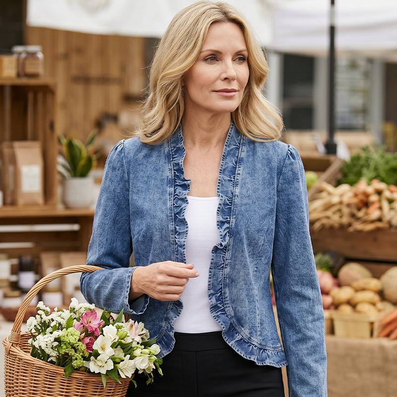Women's Denim Jacket – Open-Front, Ruffle Trim, Lightweight, Classic Wash