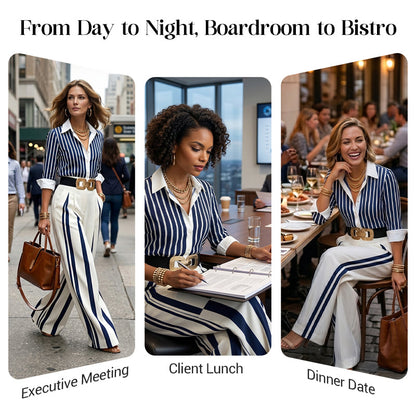 ⏳Time-Limited Special⏰Women's Striped Shirt & Wide-Leg Pants 2-Piece Set