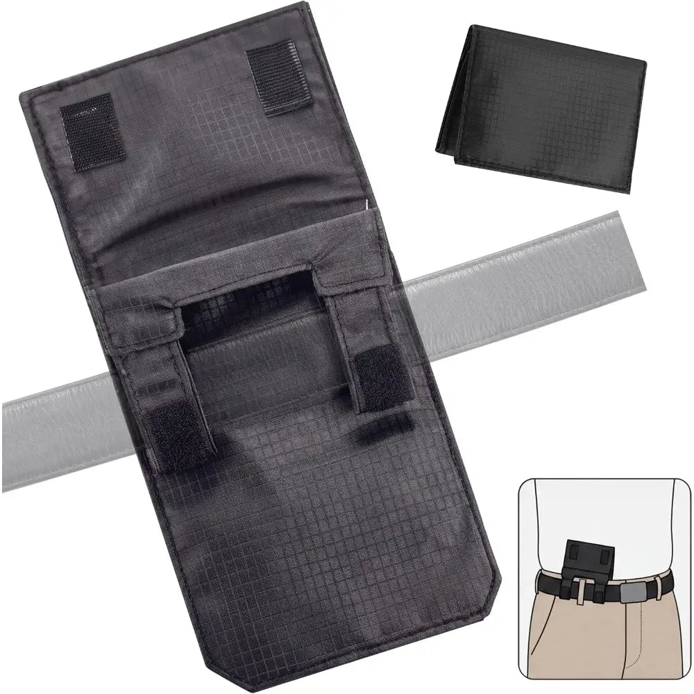Front and back view of black nylon passport pouch