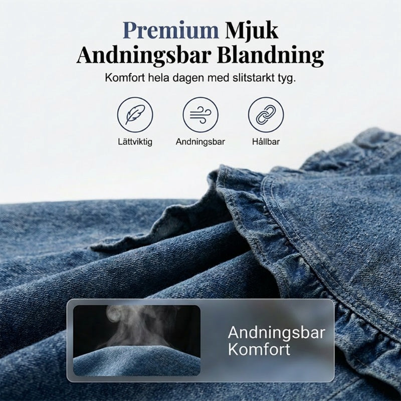 Women's Denim Jacket – Open-Front, Ruffle Trim, Lightweight, Classic Wash