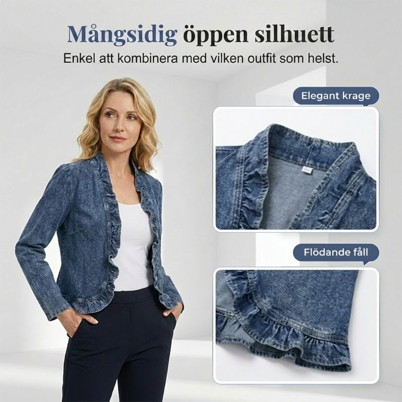 Women's Denim Jacket – Open-Front, Ruffle Trim, Lightweight, Classic Wash