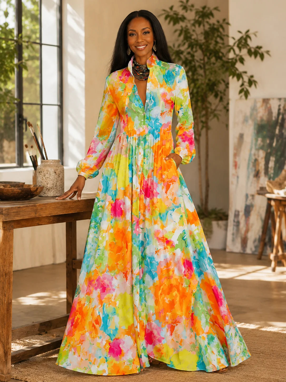 Damen Langarm Maxikleid mit Print