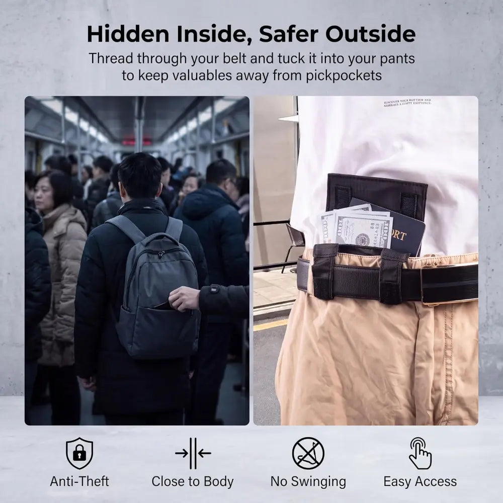 Passport pouch tucked inside clothing while traveling