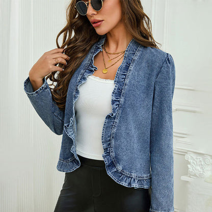 Women's Denim Jacket – Open-Front, Ruffle Trim, Lightweight, Classic Wash