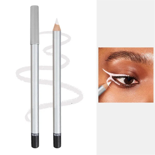 White eyeliner pencil and highlighted eye look