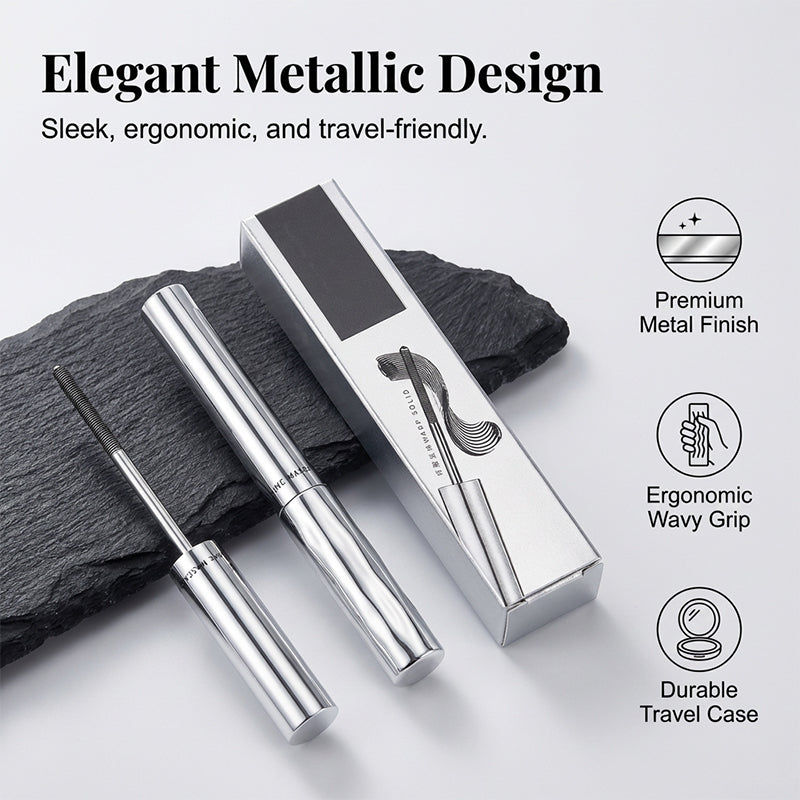 Metallic mascara tube and ergonomic grip