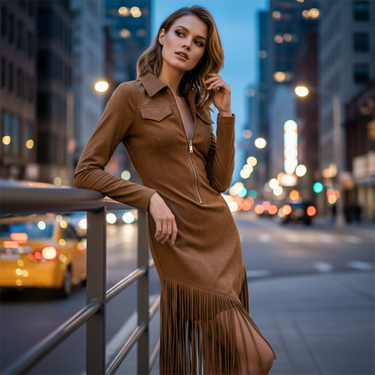 Western Fringe Zipper Midi Dress