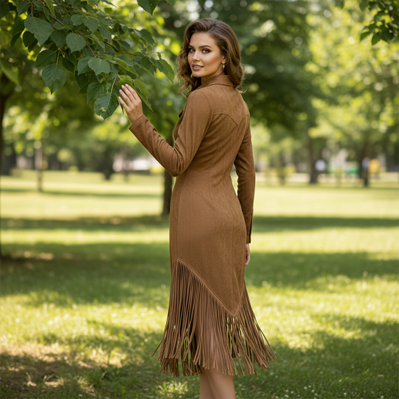 Western Fringe Zipper Midi Dress