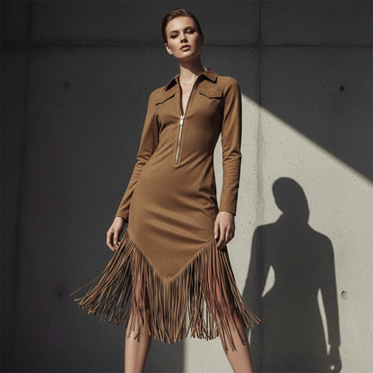 Western Fringe Zipper Midi Dress