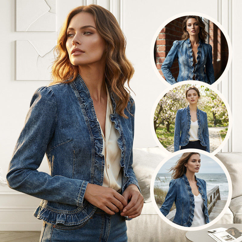 Women's Denim Jacket – Open-Front, Ruffle Trim, Lightweight, Classic Wash