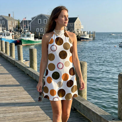 ⏳Time-Limited Special⏰Flattering Halter A-Line Dress – Polka Dot Print, Sleeveless, Vacation Ready 🌸