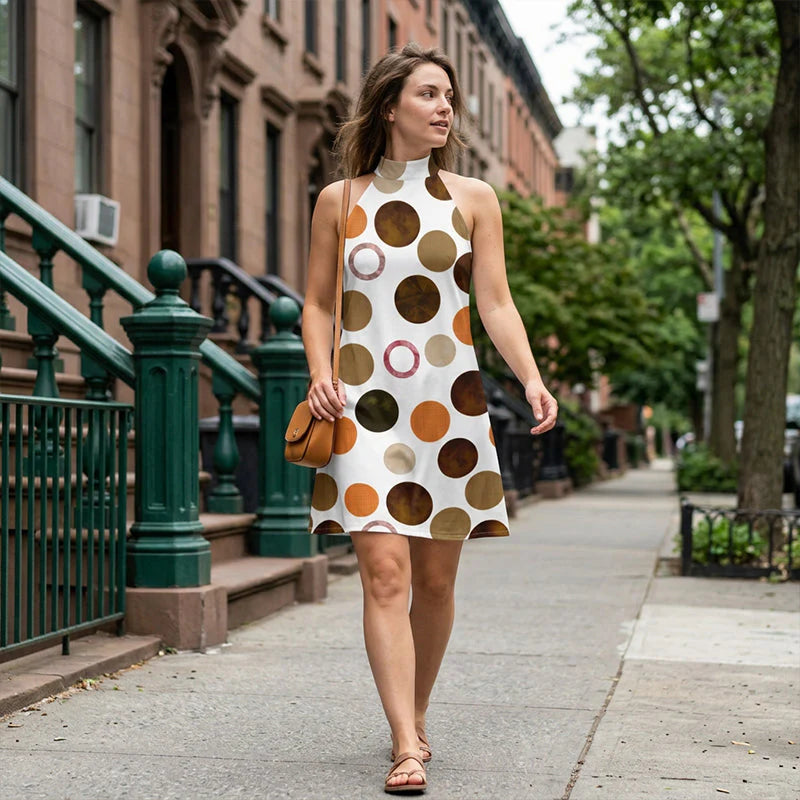 ⏳Time-Limited Special⏰Flattering Halter A-Line Dress – Polka Dot Print, Sleeveless, Vacation Ready 🌸