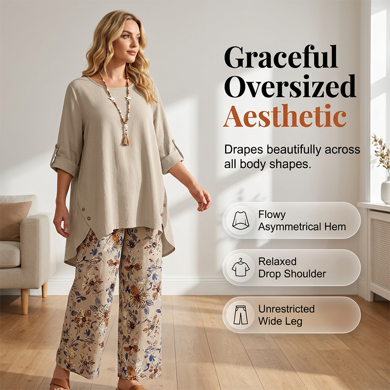 💥50 % Rabatt auf Neuheiten – Set aus Damen-Sweatshirt mit halblangen Ärmeln und Hose aus Baumwoll-Leinen-Mischung