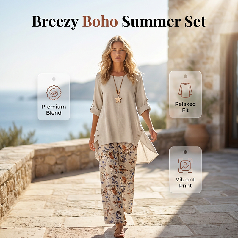 💥50 % Rabatt auf Neuheiten – Set aus Damen-Sweatshirt mit halblangen Ärmeln und Hose aus Baumwoll-Leinen-Mischung