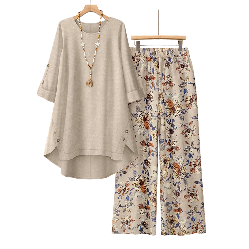 💥50 % Rabatt auf Neuheiten – Set aus Damen-Sweatshirt mit halblangen Ärmeln und Hose aus Baumwoll-Leinen-Mischung