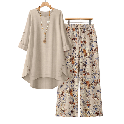 💥50 % Rabatt auf Neuheiten – Set aus Damen-Sweatshirt mit halblangen Ärmeln und Hose aus Baumwoll-Leinen-Mischung