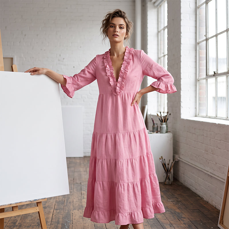 🌸 50% RABATT! Damen V-Ausschnitt Rüschenkleid – Leicht, Elegant & Perfekt für den Sommer☀️