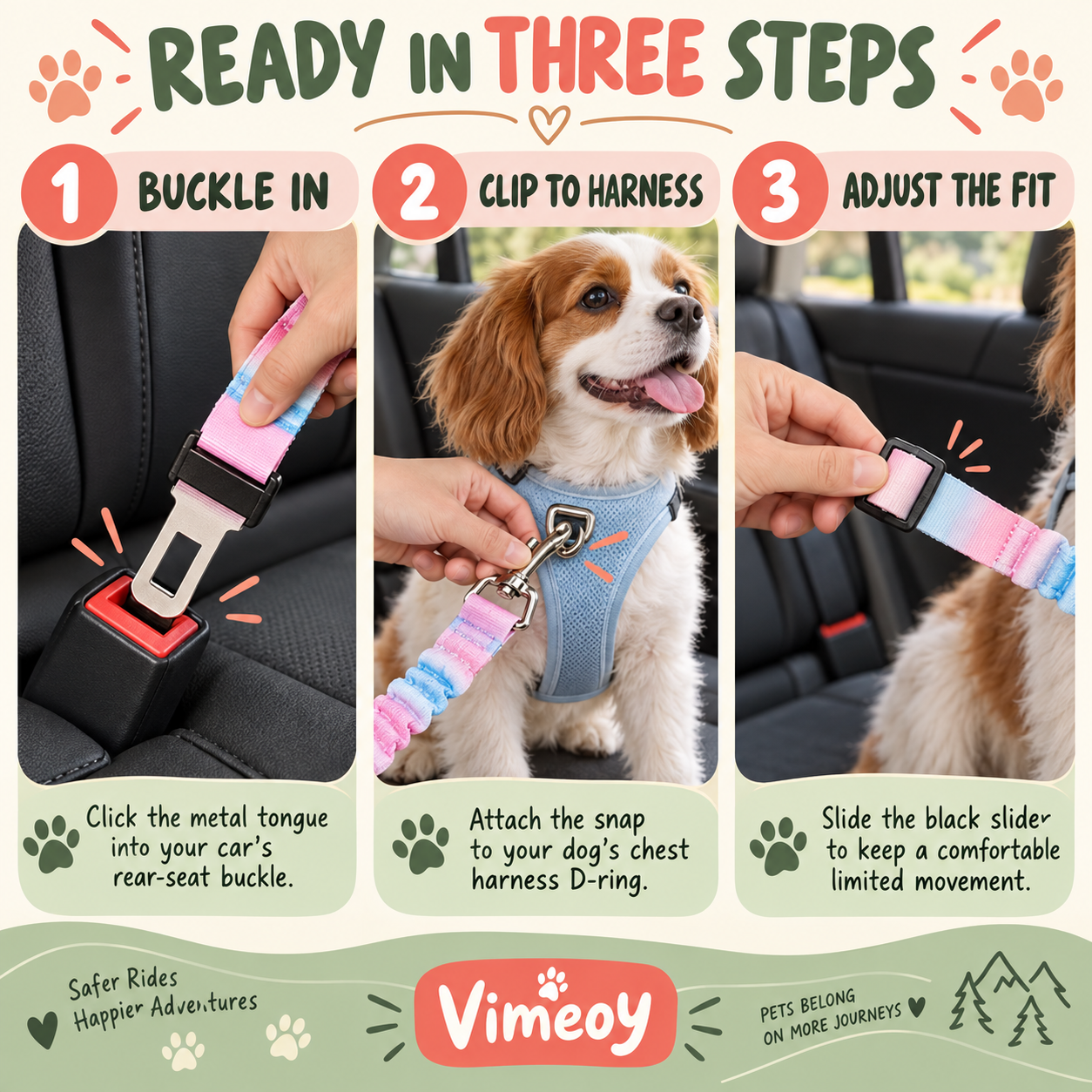 Three-step setup for the Vimeoy pet car safety belt